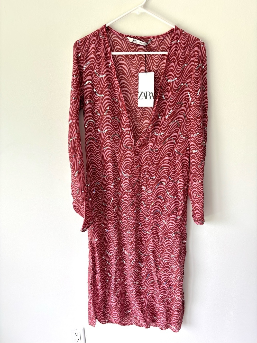 Zara Pink Sequins Beaded Swirl Printed Midi Dress Sheer Deep V Neck Tie Front